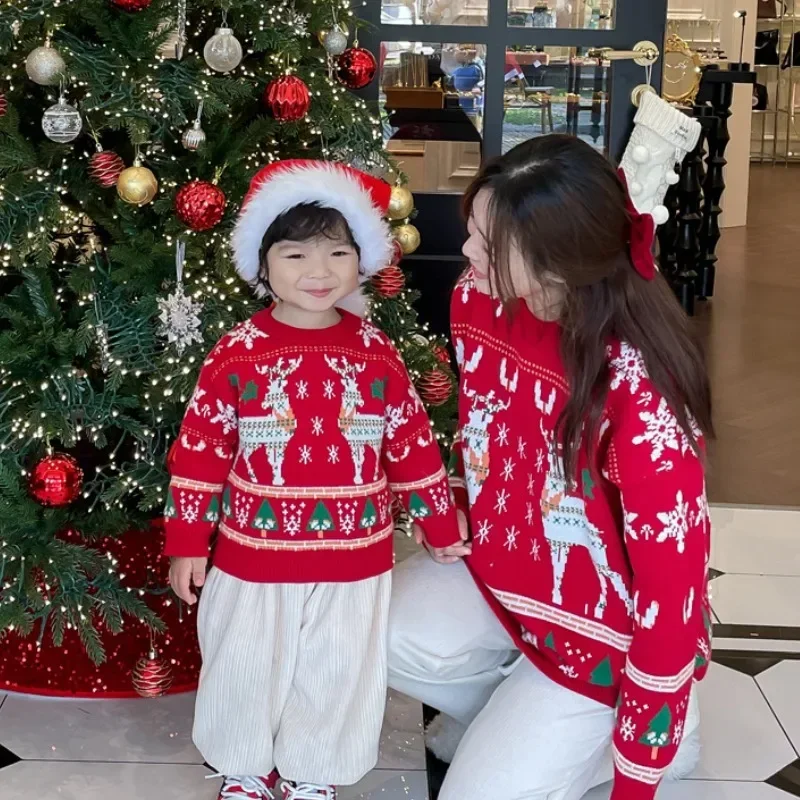 Plant Parental - Familien-passender Weihnachts-Rentier-Baum-Pullover, Eltern-Kind-Rot-Strickpullover, Vater, Mutter und
